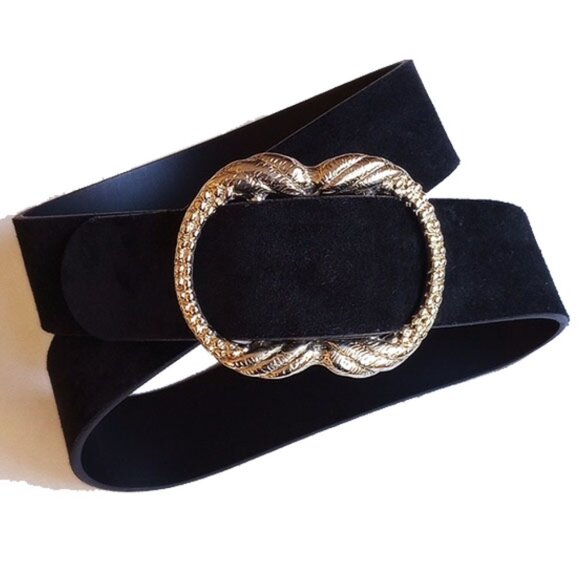 NWOT Sezane Artemis Suede Belt 80 36" Intense Black Gold Buckle Made In Italy - Picture 1 of 8